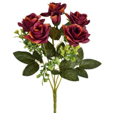 Imagem de BUQUÊ DECORATIVO DE ROSA COR BURGUNDY COM FOLHAS VERDE EM PLÁSTICO MOLDÁVEL - GRILLO - Grillo Ltda