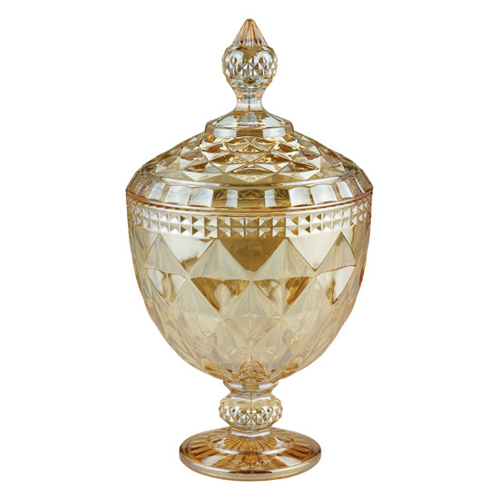 Imagem POTICHE DECORATIVO COM PÉ DE CRISTAL DE CHUMBO DIAMOND AMBAR 15X28CM - LYOR