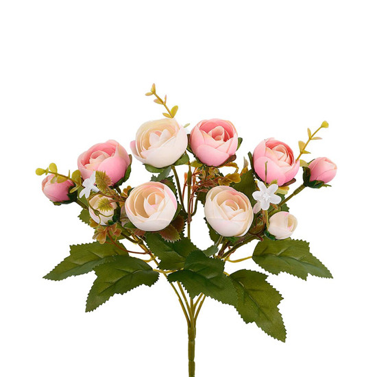 Imagem BUQUÊ DECORATIVO DE RANUNCULOS ROSA E FOLHAGEM VERDE EM PLÁSTICO 30X29 CM - GRILLO