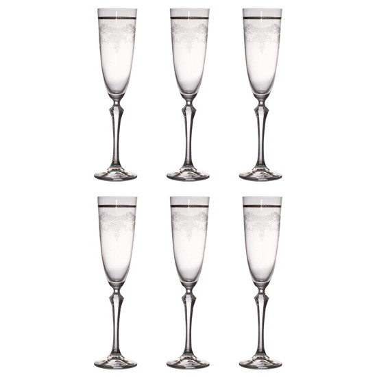 Imagem JOGO DE 6 TAÇAS PARA CHAMPANHE DECORADA EM CRISTAL ECOLÓGICO GOLD RIM 200ML A25CM - BOHEMIA