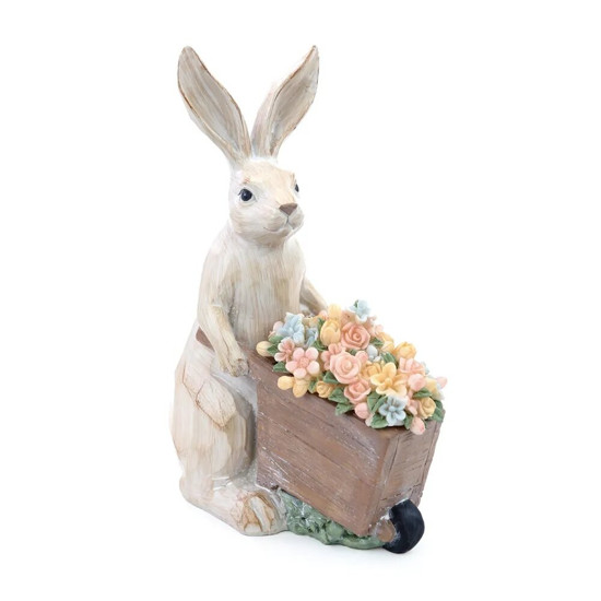 Imagem COELHO DECORATIVO DE RESINA (GALLERY) COM CARRINHO DE FLORES COM LED 16,5X9,5X24CM - CROMUS 