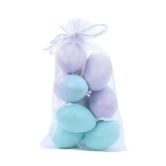 Imagem SACO COM OVOS DECORATIVOS COR LILAS E AZUL 9 PEÇAS 4X4X6CM - CROMUS 