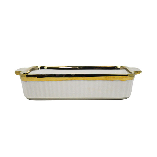 Imagem TRAVESSA PARA SERVIR DE CERÂMICA COM ALÇA COR BRANCO COM DOURADO 30X17,5X5CM - GRILLO 55085