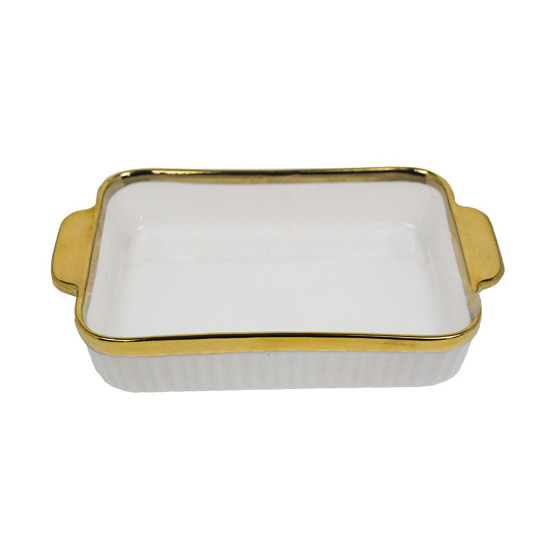 Imagem TRAVESSA PARA SERVIR DE CERÂMICA COM ALÇA COR BRANCO COM DOURADO 30X17,5X5CM - GRILLO 55085