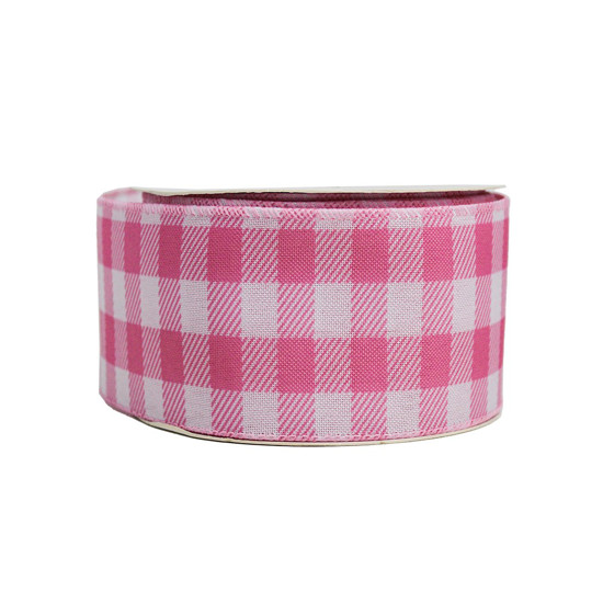 Imagem FITA DECORATIVA ARAMADA XADREZ ROSA E BRANCO 6,3 CM X 9,14 M