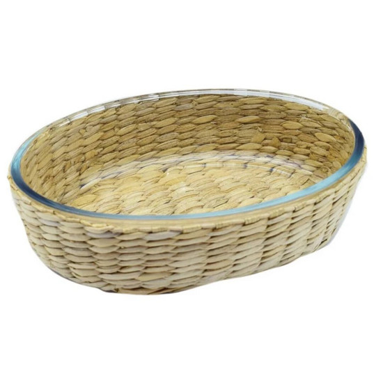 Imagem TRAVESSA OVAL VIMINI EM VIDRO BOROSSILICATO E REVESTIMENTO EM RATTAN L31,5XP22XA7CM - DYNASTY