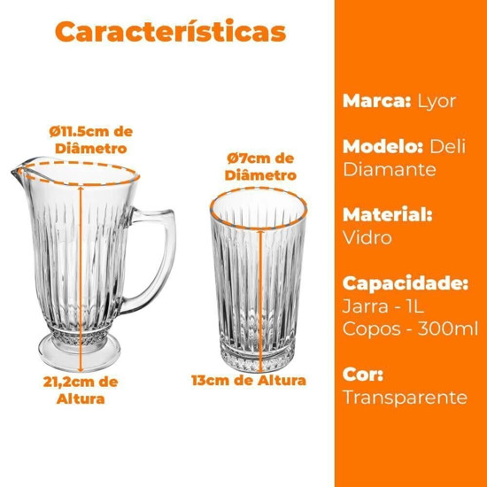 Imagem JOGO COPOS E JARRA VIDRO TRANSPARENTE DELI DIAMANTE 7 PEÇAS 1 L- LYOR 