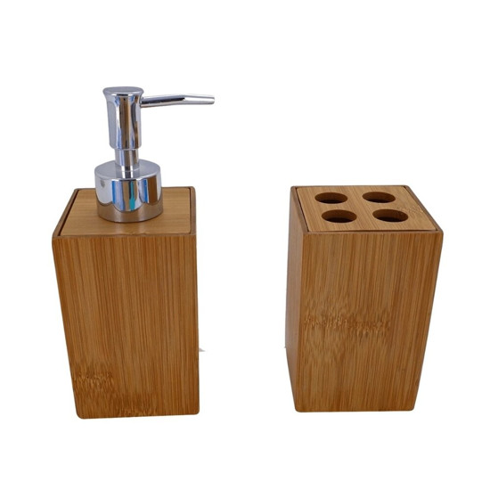 Imagem KIT ACESSORIOS BANHEIRO LAVABO BAMBU 2 PEÇAS DISPENSER SABONETE PORTA ESCOVAS ECOLOGICO HIGIENICO