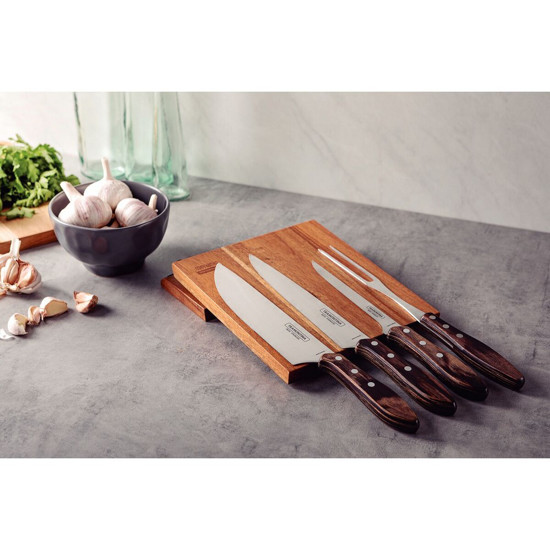 Imagem JOGO PARA CHURRASCO TRAMONTINA COM LÂMINAS EM AÇO INOX E CABOS EM MADEIRA POLYWOOD CASTANHO 5 PEÇAS
