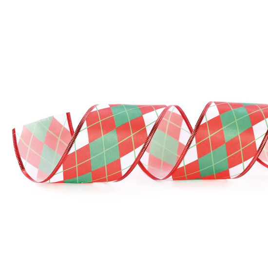 Imagem FITA NATALINA LOSANGOS COR VERMELHO, BRANCO, VERDE COM DOURADO 6,3CM X 9,14 METROS 