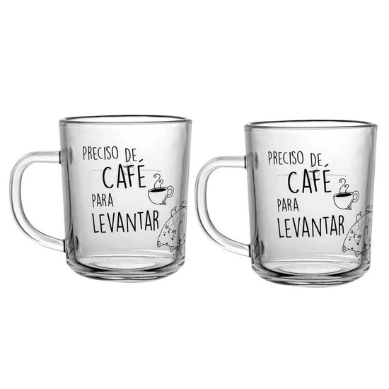 Imagem CONJUNTO DE CANECAS DE VIDRO PRECISO DE CAFÉ P/ LEVANTAR 2 PEÇAS 220ML