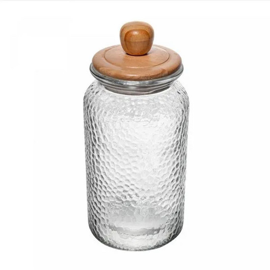 Imagem PORTA MANTIMENTO DE VIDRO MARTELADO COM TAMPA DE BAMBU 1,3L