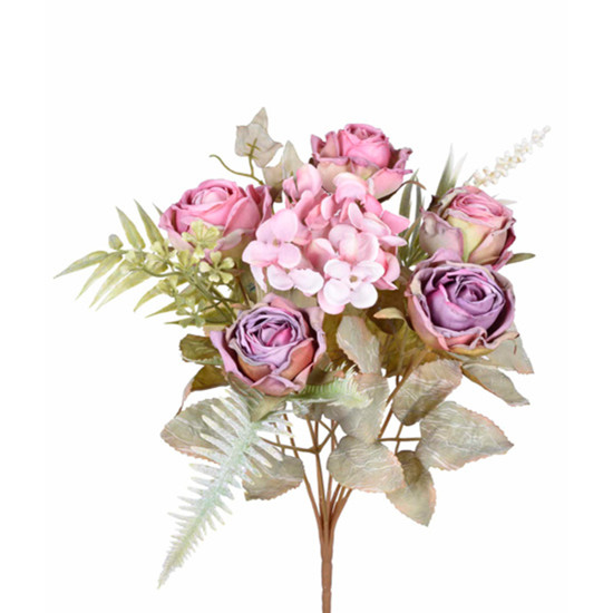 Imagem BUQUÊ DECORATIVO DE ROSAS E HORTÊNSIA LAVANDA EM PLÁSTICO MOLDÁVEL 33X10 CM - GRILLO
