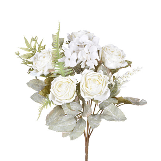 Imagem BUQUÊ DECORATIVO DE ROSAS E HORTÊNSIA CREME EM PLÁSTICO MOLDÁVEL 33X10 CM - GRILLO