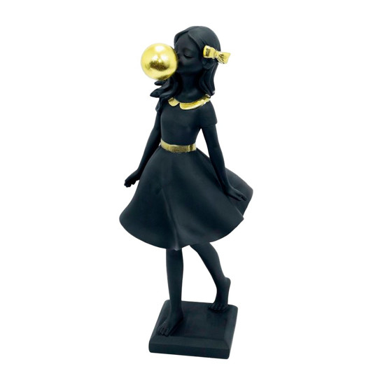 Imagem ESCULTURA MENINA COM DETALHES EM RESINA COR PRETO COM DOURADO 30X12X11CM 