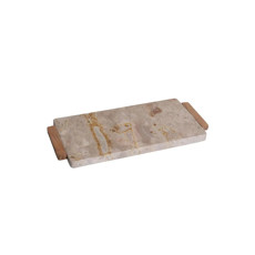 Imagem de BANDEJA EM MÁRMORE CINZA E BEGE COM ALÇA DE MADEIRA 34X15X2CM - Cross Comercial Ltda