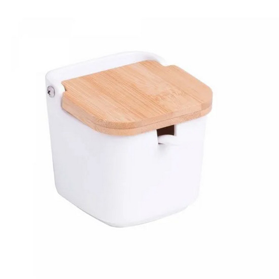 Imagem SALEIRO DE MESA DE CERÂMICA COM TAMPA DE BAMBU E COLHER BIANCO 9CM X 8,5CM