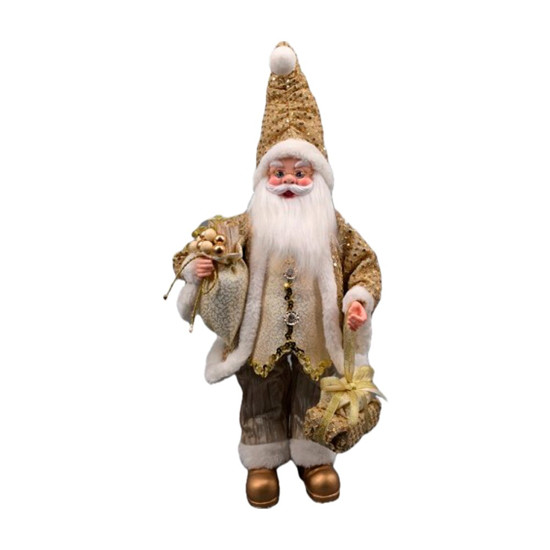 Imagem PAPAI NOEL DECORATIVO EM PÉ SEGURANDO SACO COM PRESENTES COR DOURADO COM BRANCO 50CM 