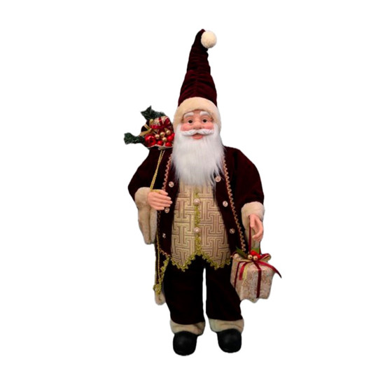 Imagem PAPAI NOEL DECORATIVO EM PÉ COM SACO E PRESENTE COR VINHO COM DOURADO 100CM