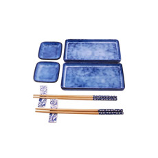 Imagem de KIT DE COMIDA JAPONESA PARA DUAS PESSIAS DE CERÂMICA E BAMBU COR AZUL 8 PEÇAS - CROSS - Cross Comercial Ltda