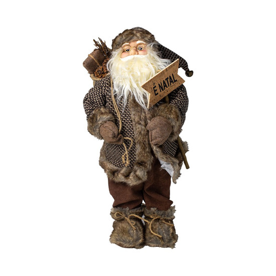 Imagem PAPAI NOEL DECORATIVO EM PÉ COM SACO DE PRESENTES E PLACA É NATAL COR MARROM 60CM - TOK DA CASA