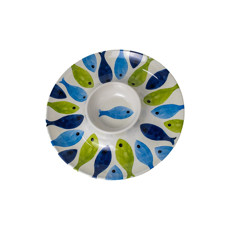 Imagem de PETISQUEIRA REDONDA DE MELAMINA COM ESTAMPA DE PEIXES COR VERDE, AZUL E BRANCO 33X33X4CM  - Inverno Verao Comercio De Modas E Decoracao Eireli