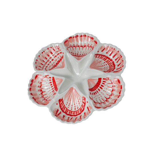 Imagem PETISQUEIRA DE MELAMINA EM FORMATO DE 6 CONCHAS COR BRANCO COM VERMELHO 33X33X5CM 