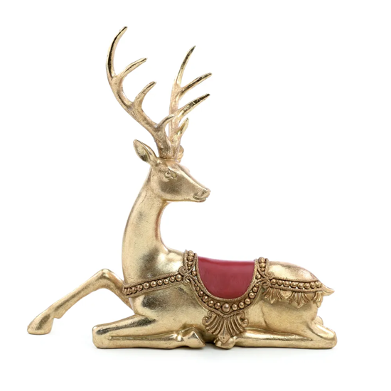 Imagem RENA DECORATIVA NATALINA DEITADA COR DOURADO COM VERMELHO DE RESINA 20X26X26CM - CROMUS