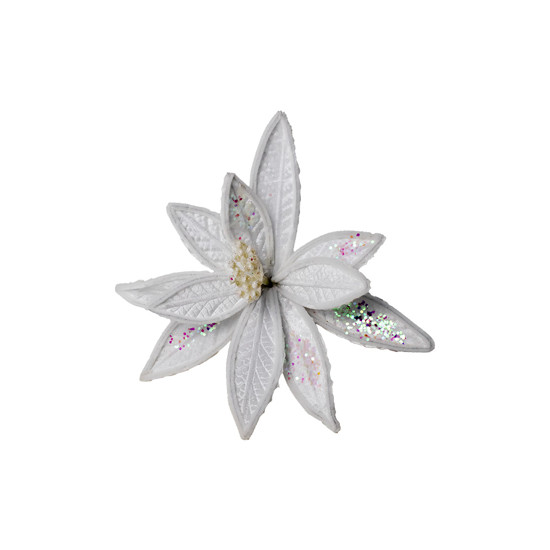Imagem POINSÉTIA DECORATIVA COR BRANCO VELUDO COM GLITTER 32CM CABO CURTO - TOK DA CASA