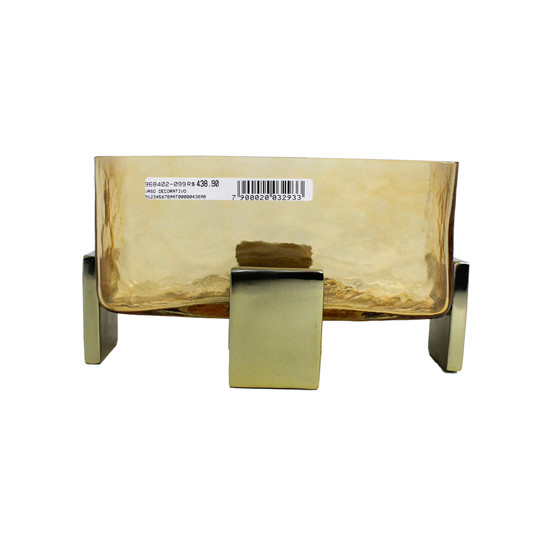 Imagem VASO RETANGULAR DECORATIVO EM VIDRO COM AMBAR E BASE EM METAL DOURADO 12X23X12 CM