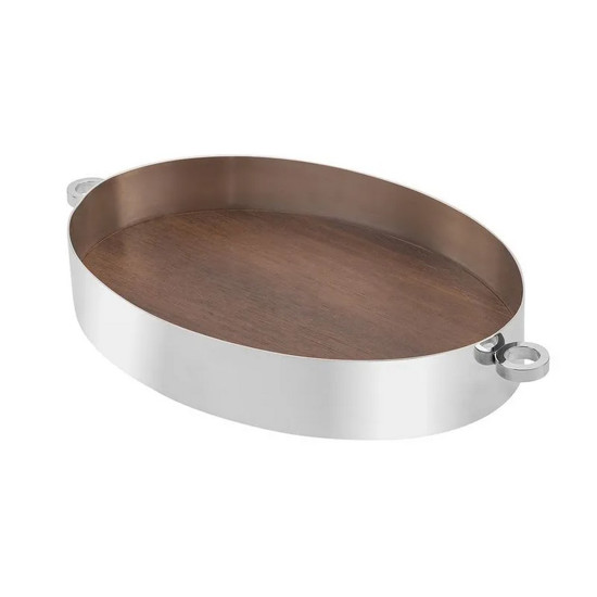 Imagem BANDEJA DECORATIVA PARA SERVIR DOTS PEQUENA EM INOX E MADEIRA 42X25X6 CM