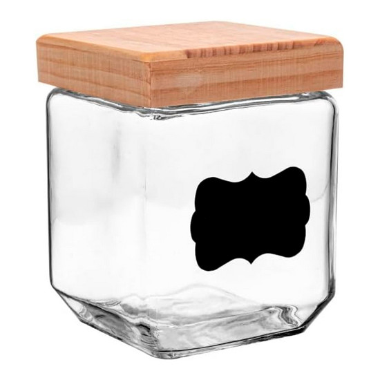 Imagem POTE DE VIDRO TRANSPARENTE COM TAMPA DE PINUS E ADESIVO 1,2L 14X11 CM
