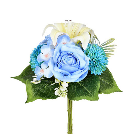Imagem RAMALHETE MISTO DE ROSAS E FLORES AZUL EM PLÁSTICO MOLDÁVEL 32X28 CM - GRILLO