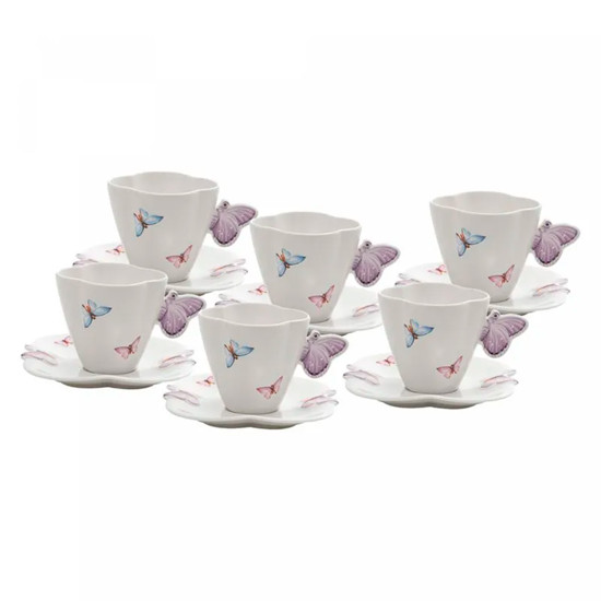 Imagem CONJUNTO DE 6 XÍCARAS COM PIRES EM PORCELANA BRANCA BORBOLETA 200 ML 11X8X7 CM