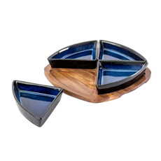 Imagem de PETISQUEIRA EM CERÂMICA E BASE DE MADEIRA 5 PEÇAS COE AZUL 28X28X6CM  - Cross Comercial Ltda