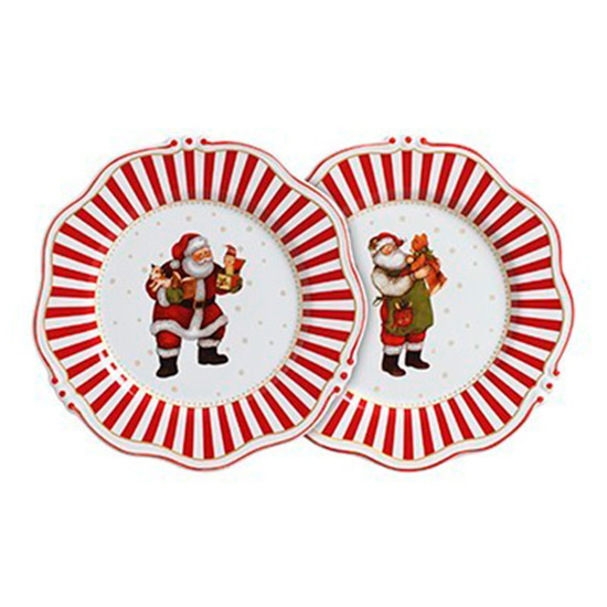 Imagem CONJUNTO DE PRATOS CHRISTMAS CHARM EM CERÂMICA COR VERMELHO E BRANCO COM FILETE DOURADO 6 PÇS 28CM 