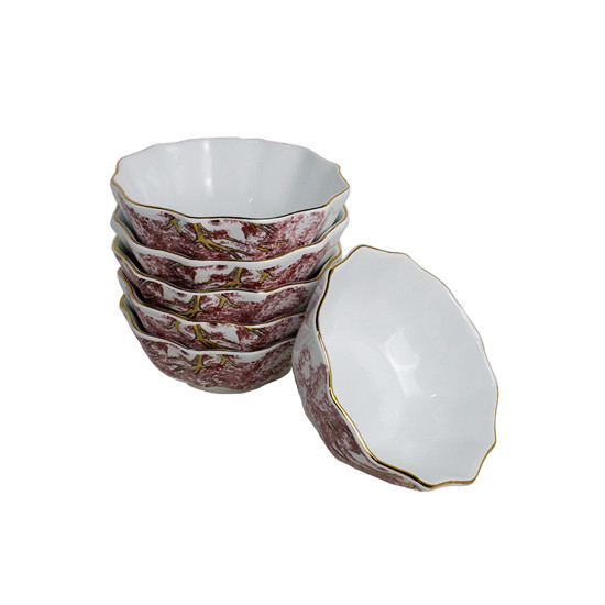 Imagem CONJUNTO 6 BOWLS EM CERÂMICA COM BORDA DOURADA ESTAMPA YPÊ ROSA 16X6 CM - SCALLA