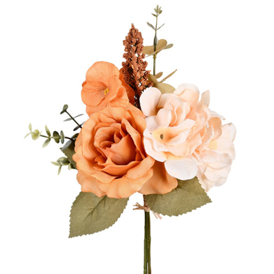 Imagem RAMALHETE MISTO DE ROSAS E HORTÊNSIAS DECORATIVO COR LARANJA 33X20 CM - GRILLO