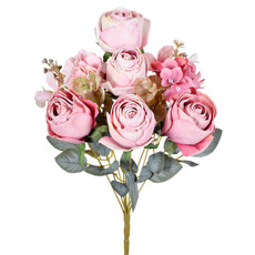 Imagem de BUQUÊ MISTO DE ROSAS E HORTÊNSIA DECORATIVO ROSA EM PLÁSTICO 44X22 CM - GRILLO - Grillo Ltda