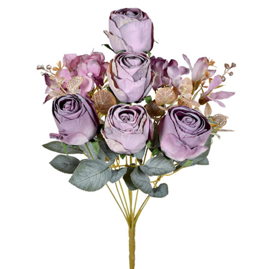 Imagem BUQUÊ MISTO DE ROSAS E HORTÊNSIA DECORATIVO LAVANDA EM PLÁSTICO 44X22 CM - GRILLO