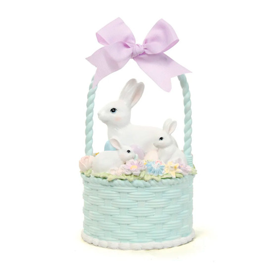 Imagem CESTA DECORATIVA DE COELHOS OVOS E FLORES COLORIDAS EM RESINA 27X27X14 CM - CROMUS