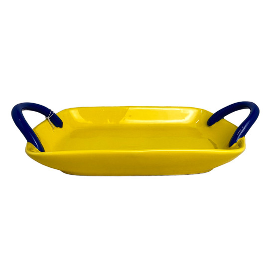 Imagem BANDEJA DECORATIVA EM CERÂMICA AMARELA E ALÇA AZUL 33X17X4 CM - MABRUK