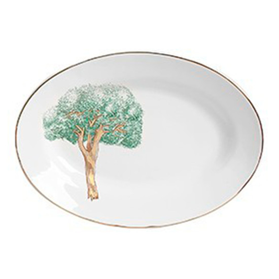 Imagem TRAVESSA PEQUENA COM BORDA DOURADA YPÊ VERDE EM CERÂMICA BRANCA 23X5 CM - SCALLA