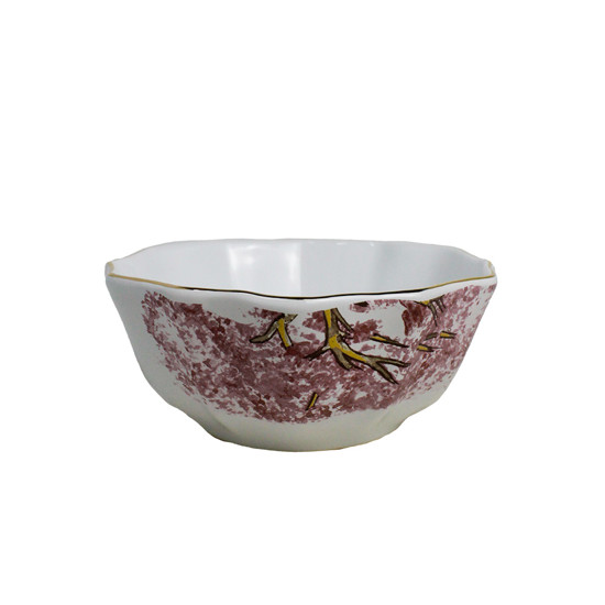 Imagem CONJUNTO 6 BOWLS EM CERÂMICA COM BORDA DOURADA ESTAMPA YPÊ ROSA 16X6 CM - SCALLA
