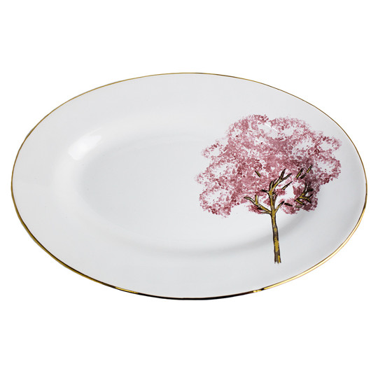 Imagem TRAVESSA PEQUENA EM CERÂMICA COM FILETE DOURADO E ESTAMAPA YPÊ ROSA SCALLA CERÂMICA