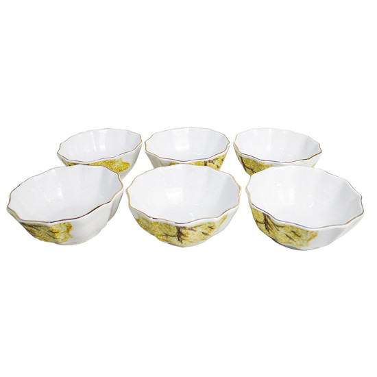 Imagem CONJUNTO 6 BOWLS EM CERÂMICA COM BORDA DOURADA ESTAMPA YPÊ AMARELO - SCALLA