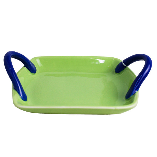 Imagem MINI BANDEJA DECORATIVA EM CERÂMICA VERDE E ALÇA AZUL 20X15X6 CM - MABRUK
