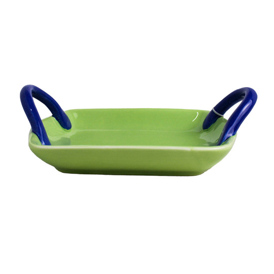 Imagem MINI BANDEJA DECORATIVA EM CERÂMICA VERDE E ALÇA AZUL 20X15X6 CM - MABRUK
