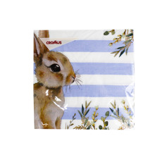 Imagem de JOGO DE 20 FOLHAS DE GUARDANAPO LISTRADO E ESTAMPA DE COELHO 32X32 CM - CROMUS - Cromus Embalagens Ind E Com Ltda