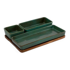 Imagem de PETISQUEIRA EM CERÂMICA VERDE COM 3 BOWLS E BASE EM MADEIRA 32X23X6 CM - Cross Comercial Ltda